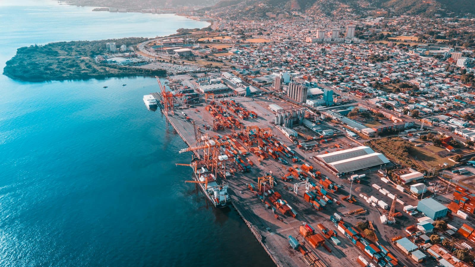 Port and container terminal seen from above