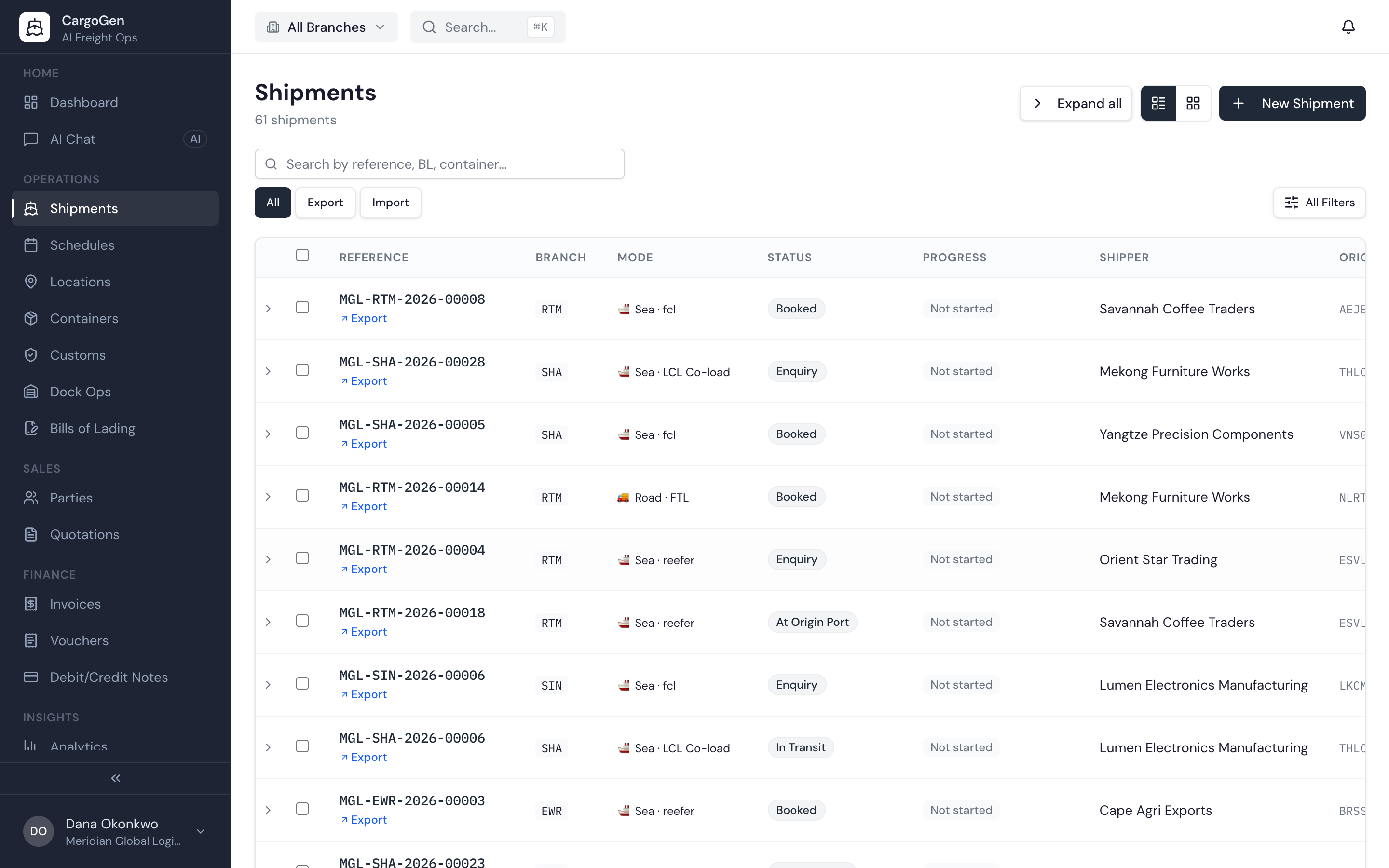 CargoGen shipments list across sea, air and road with statuses, shippers and ports
